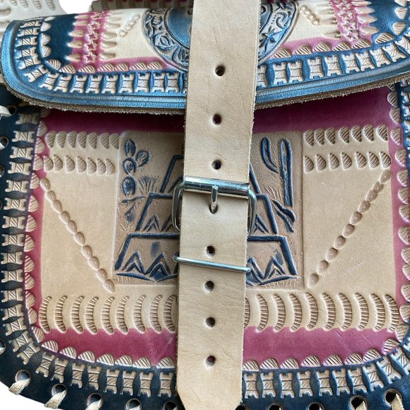 Hand Tooled Leather Bag Crossbody Western Aztec Native American Boho Hippie Big - Picture 4 of 15